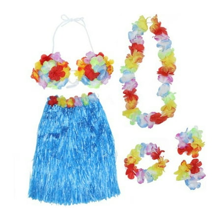 

40cm Hawaii Tropical Hula Grass Dance Skirt & Bra & Flower Bracelets & Headband & Necklace Set (Blue)