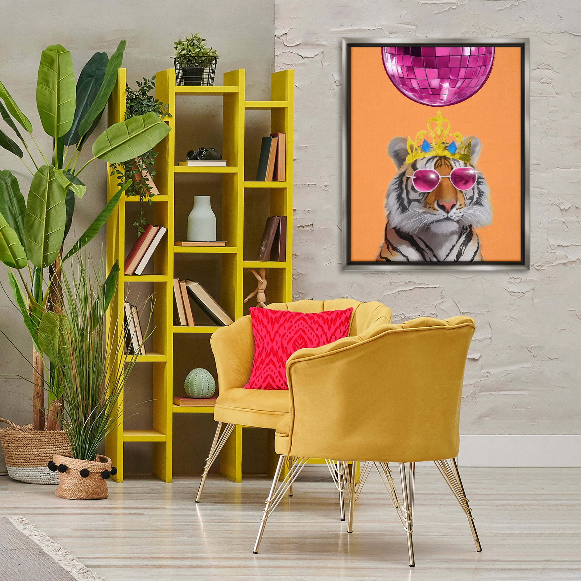 Stupell Industries Disco Tiger with Crown Animals Painting Gray Floater Framed Canvas Art Print Wall Art, 25 x 31