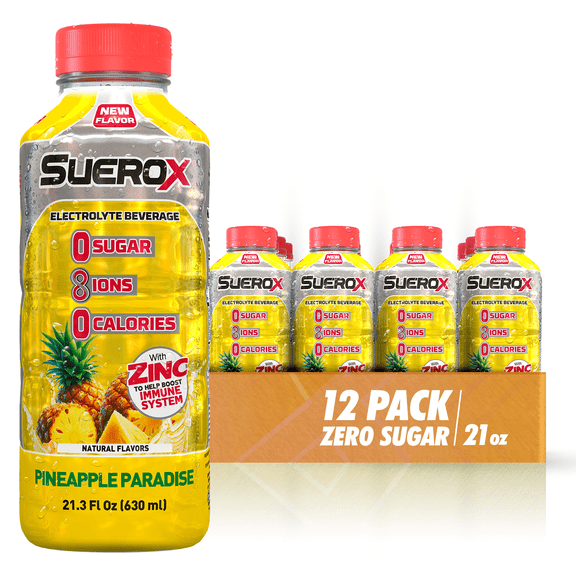 SueroX Sugar-Free Electrolyte Drink, Hydration & Recovery, Pineapple Paradise, 21.3 Fl Oz, 12 Ct