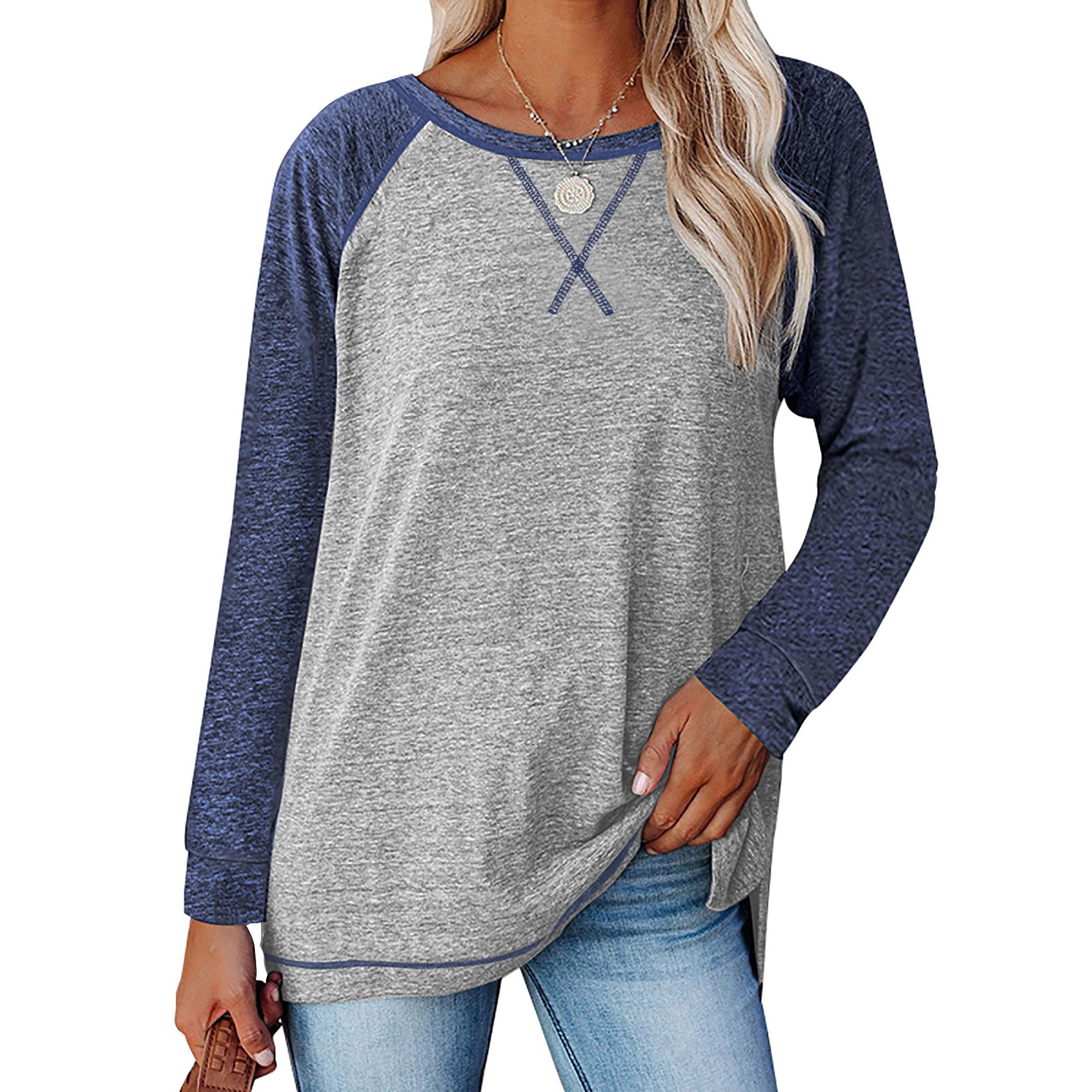 TEMOFON Long Sleeve Shirts for Women Casual Crewneck T Shirts Fall Color Block Tunic Tops Comfy Gray Loose Shirts for Women Clothes