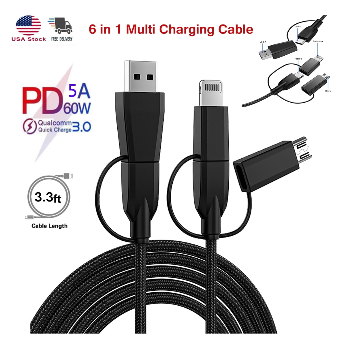 2pcs 3 in 1 USB Data Cable Multi Charger Cable Portable Cloth Data Line for Home Office 