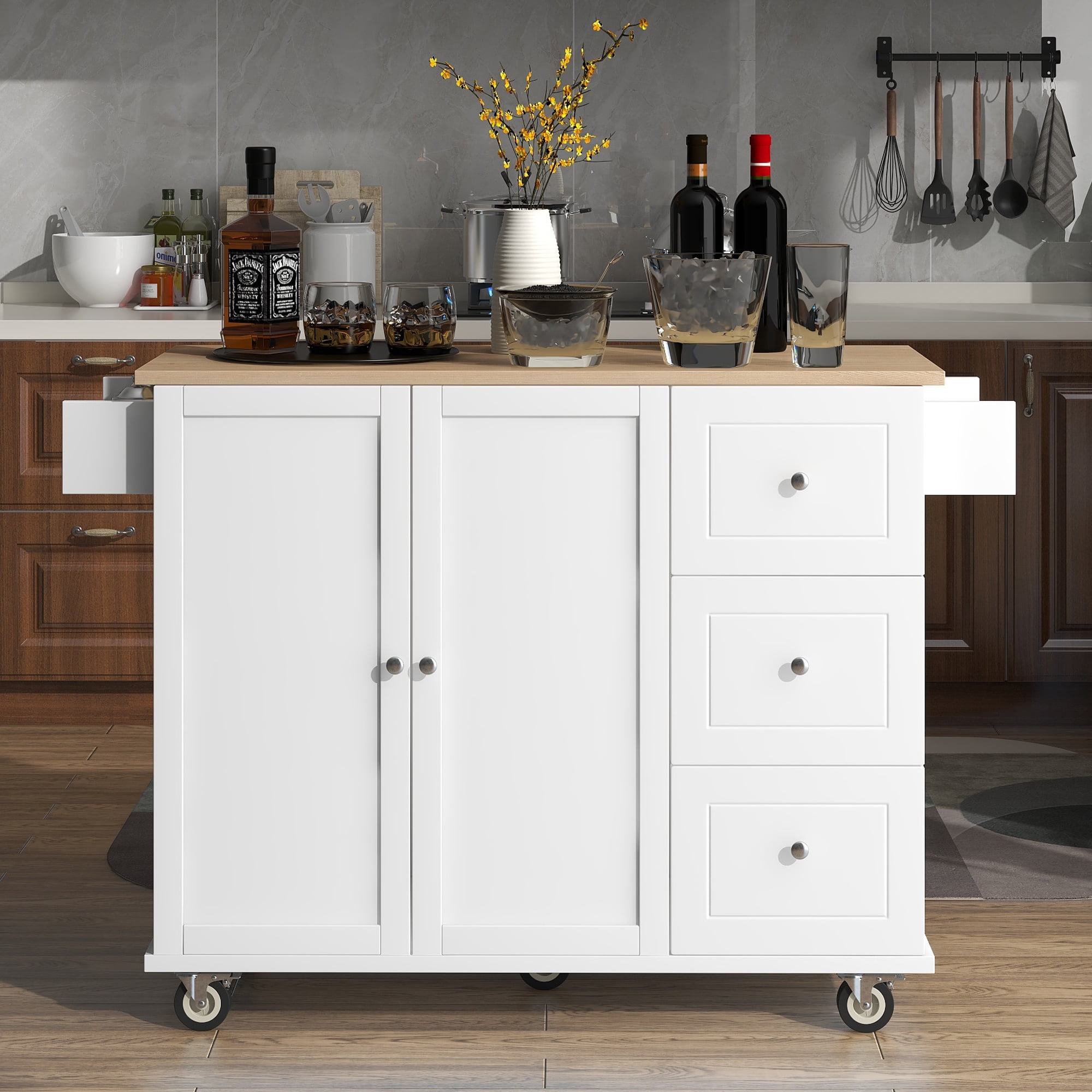 EUROCO Rolling Mobile Kitchen Island with Solid Wood Top and Locking Wheels, Storage Cabinet and Drop Leaf Breakfast Bar, Towel Rack & Drawers, White