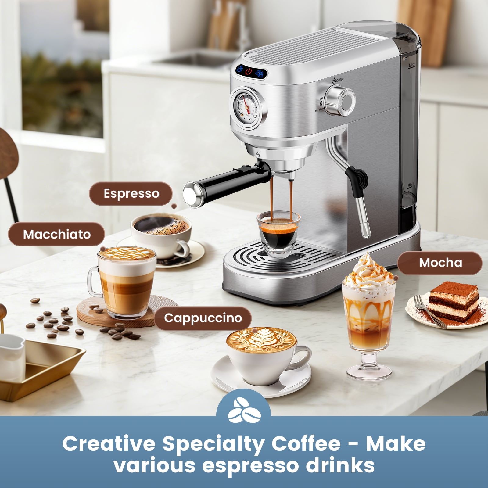 SUDILO 20 Bar Espresso Machine, Stainless Steel Coffee Maker with Steam Frother, 34oz Removable Water Tank, Compact for Home Office, Silver
