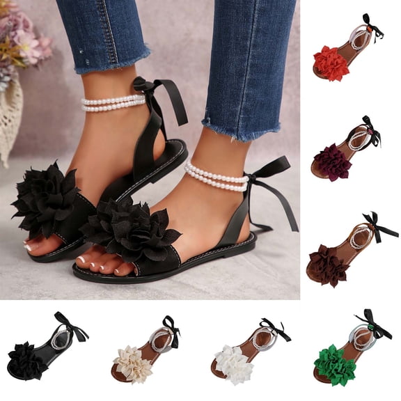 Womens Flats Wedge Sandals for Women Women's Fashionable Casual Summer Flower Decoration Pearl Bowknot Open-Toe Round Head Flat Sandals Black 39