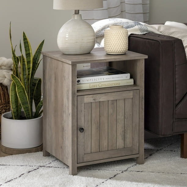 Modern Open Shelf Single Door Grey Wash End Table by Manor Park