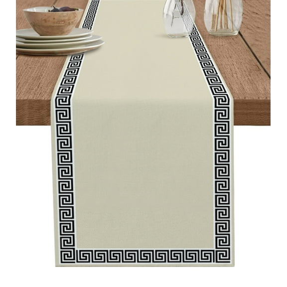 Table Runner Dresser Scarves 90 Inch Long, Greek Geometric Key Pattern Linen Dining Table Runners Minimalist Twist Line on Beigh Tabletop Scarf for Wedding Holiday Party Kitchen