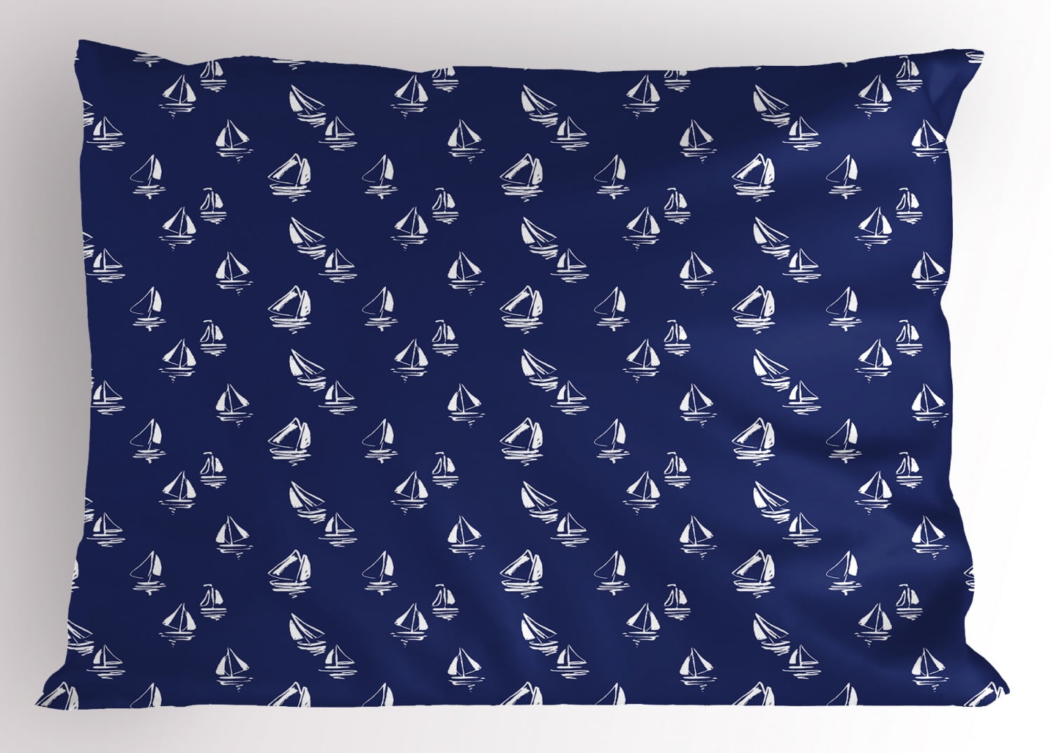 Navy Blue Pillow Sham Hand Drawn Style Sailing Yacht Silhouettes Ocean
