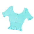 thumbnail image 3 of Camiseta de punto para mujer, manga corta, cuello cuadrado, corte ajustado, botón superior, azul kenally  AP001523-05B, 3 of 7