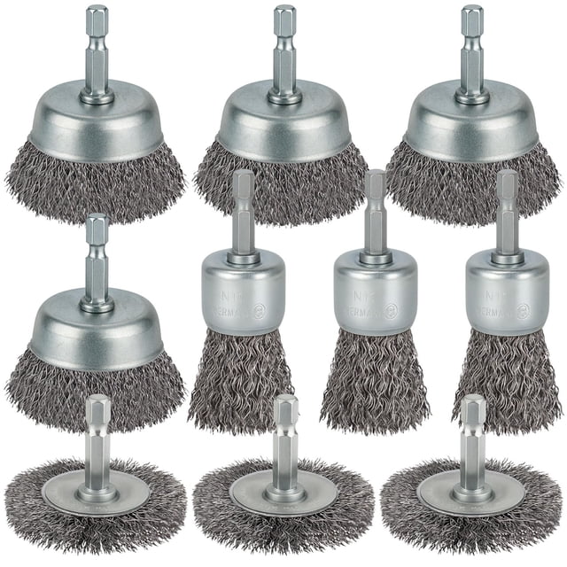 Juego de cepillos de alambre WENORA de 10 piezas, acero al carbono, vástago hexagonal de 1/4"