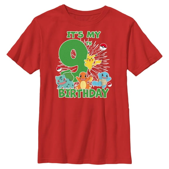 Boy's Pokemon It's My 9th Birthday Starters Graphic Tee Red Large