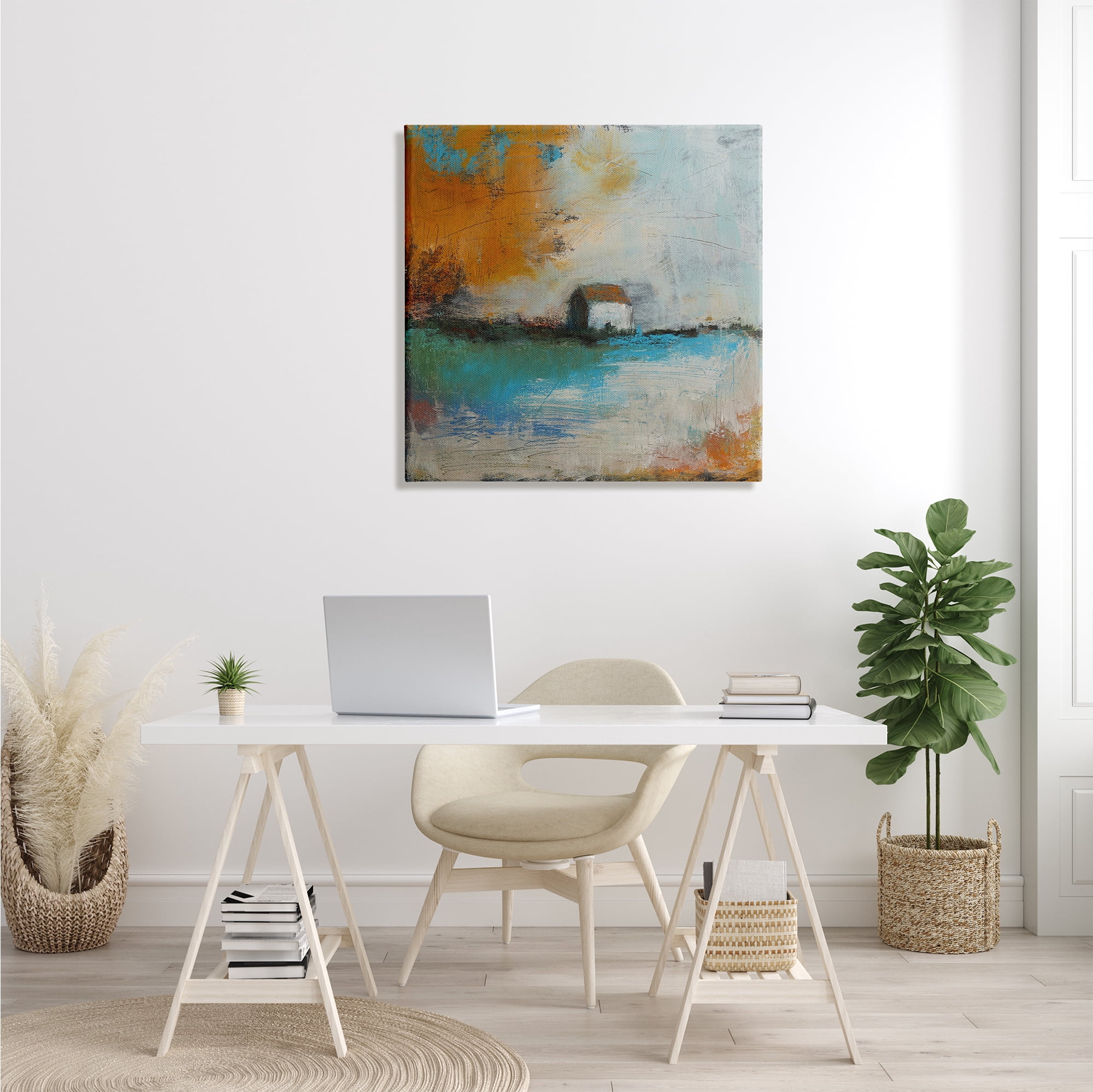 Stupell Industries Abstract Country Farmhouse Landscape Orange Blue Sky Abstract Painting Gallery Wrapped Canvas Print Wall Art, 30 x 30