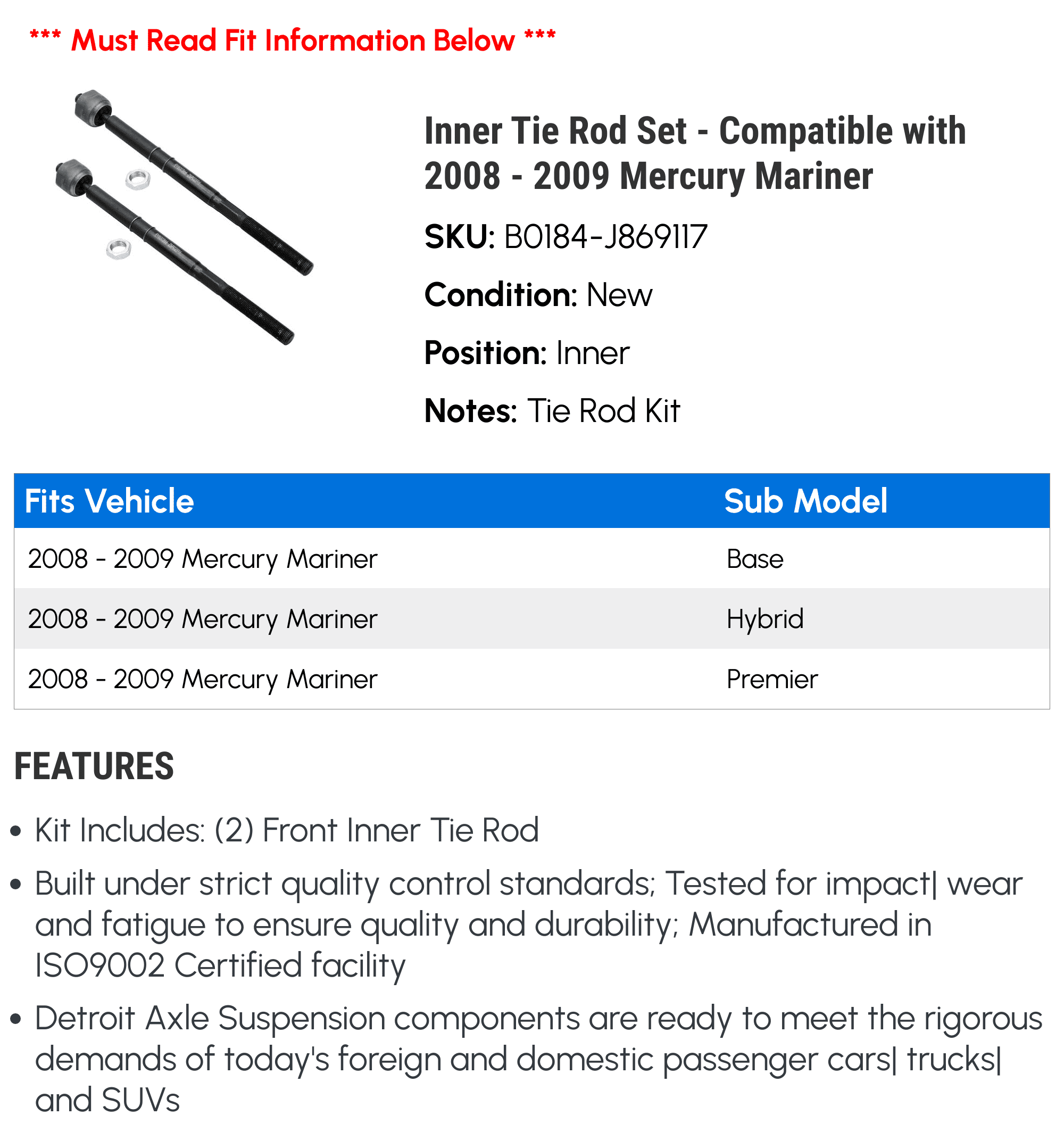 Inner Tie Rod Set - Compatible with 2008 - 2009 Mercury Mariner