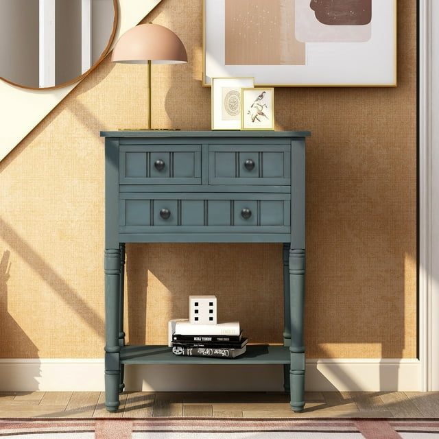 Table Console Étroite, Table Mince pour Sofa avec Trois Tiroirs de Rangement et Tablette Inférieure pour Entrée et Salon (Bleu Marine)