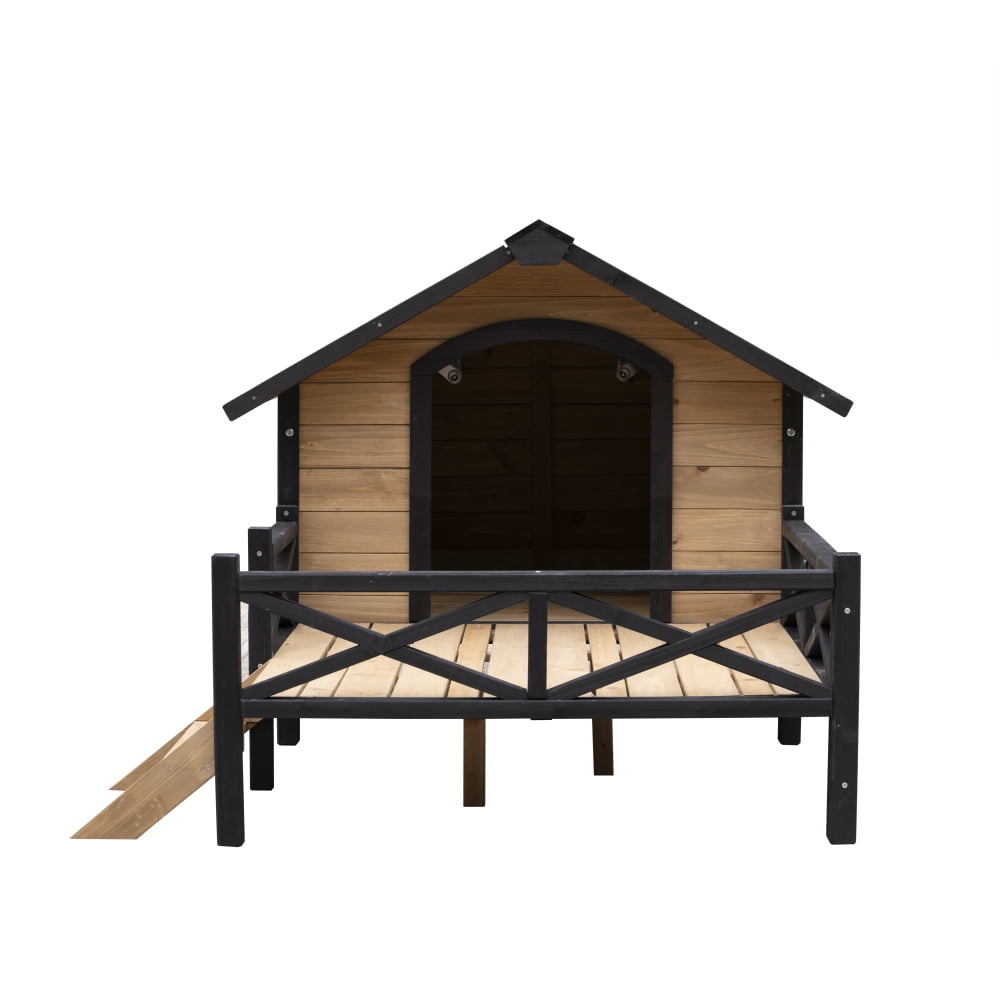 Outdoor Large Wooden Dog Kennel with Porch - Unique All-Around Iron Frame Cabin Style for Dogs