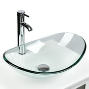 FULLWATT Boat Shape Bathroom Glass Vessel Sink with Chrome Faucet and Pop-up Drain