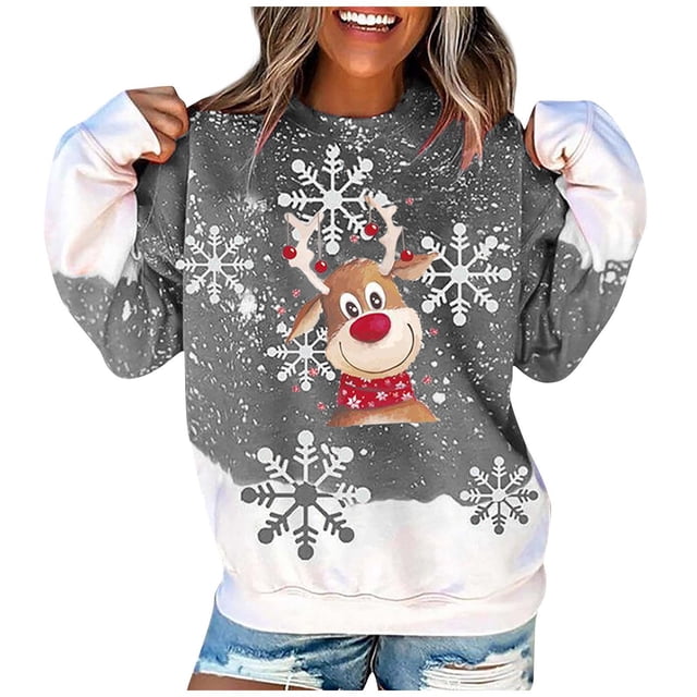 Mode Femme Col Rond Manches Longues Noël Hauts Blouse Pull Chandail en Molleton
