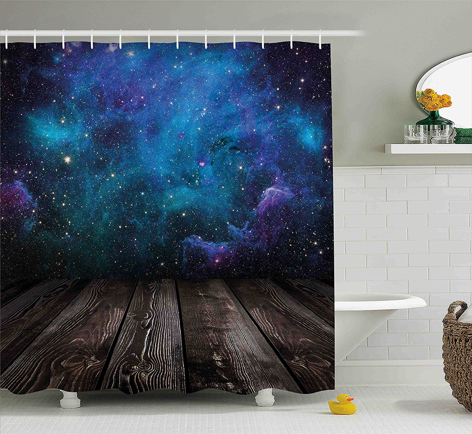 Galaxy Shower Curtain by , Outer Space View from Rustic Wooden Deck of