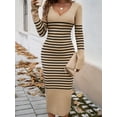 thumbnail image 4 of Women's Striped Slim Fitted V Neck Long Sweater Dress Fall Long Sleeve Ribbed Knit Bodycon Dress, 4 of 5