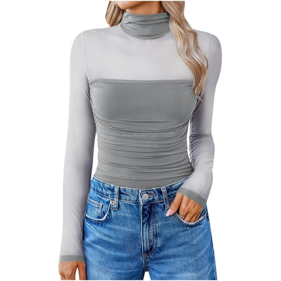 Shirts for Women,Bodysuit for Women,Solid Long Sleeve Elasticity Bodysuit Turtle Neck Shapewear Body Suits Mesh Leotard Shirt Going Out Outfits,3/4 Sleeve Shirts for Women