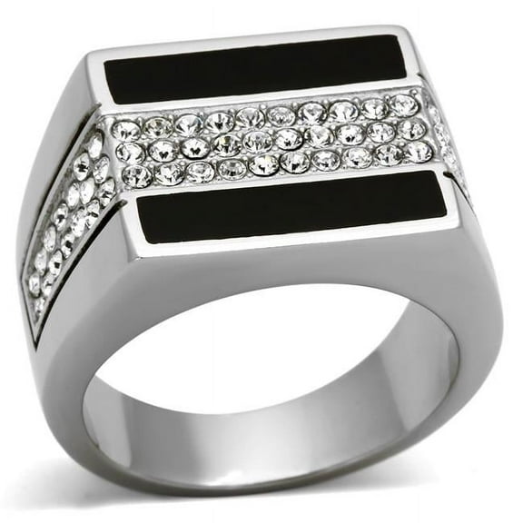 Men High Polished Stainless Steel Ring with Top Grade Crystal in Clear - Size 10