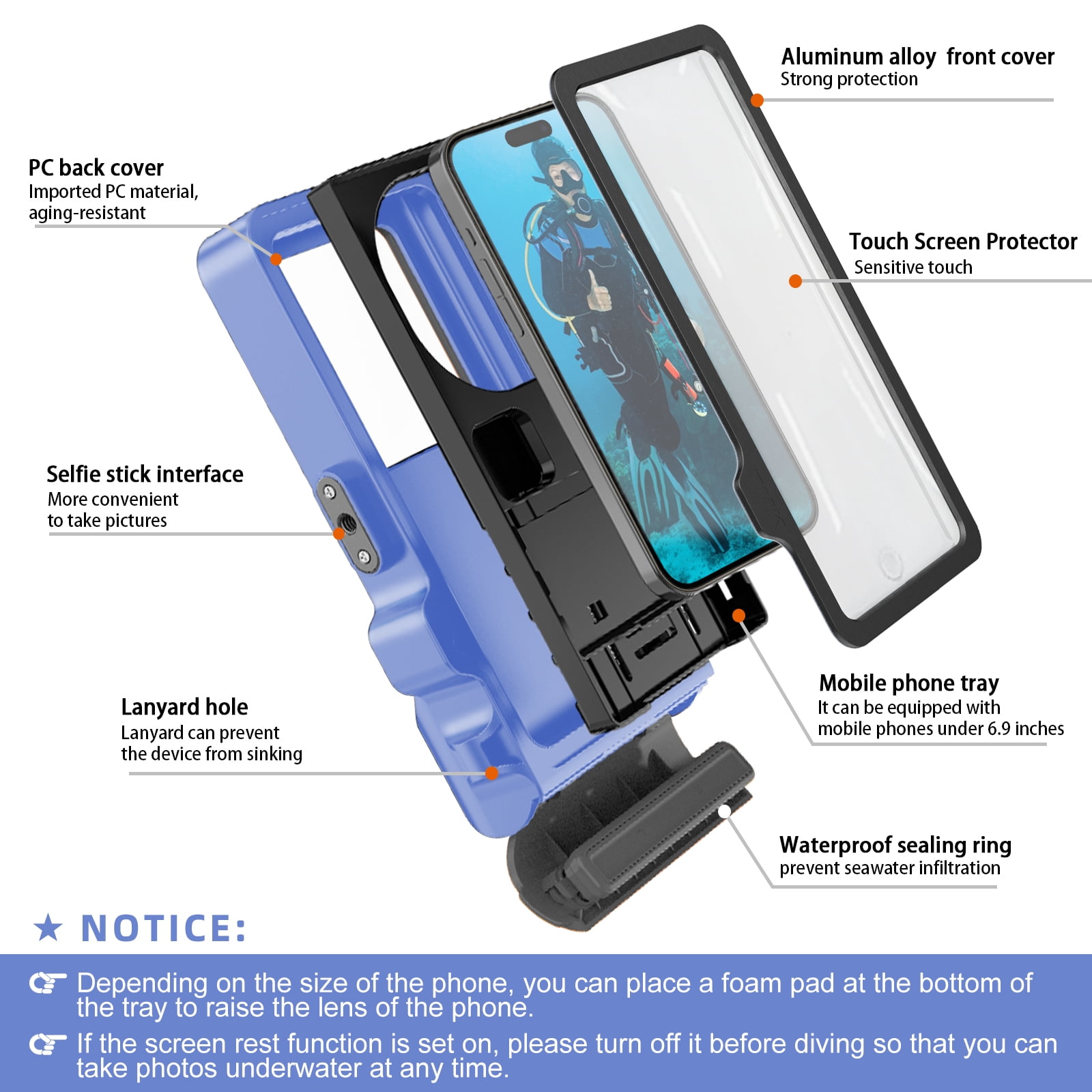 10m/33ft Waterproof Universal Snorkeling Phone Case for iPhone 16/15/14/13/12/11 Pro Max/XS/XR/Samsung S25/S24/S23/S22/S21/A Series Support Touch Screen Diving Swimming Surfing Housing(Blue)