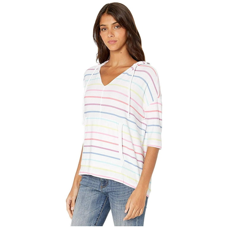 Chaser Cozy Knit 3 4 Sleeve Pullover Hoodie Rainbow Stripe Walmart