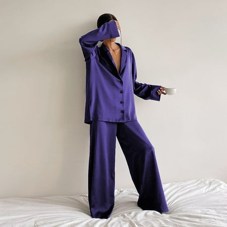 

CoCopeaunt Thin section of womens home simulation silk solid color pajamas ice silk loose ins wind can be worn outside sleepwear
