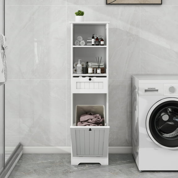 White Tilt-Out Laundry Sorter Cabinet with One Compartment, One Drawer, and Stylish Design for Efficient Laundry Organization