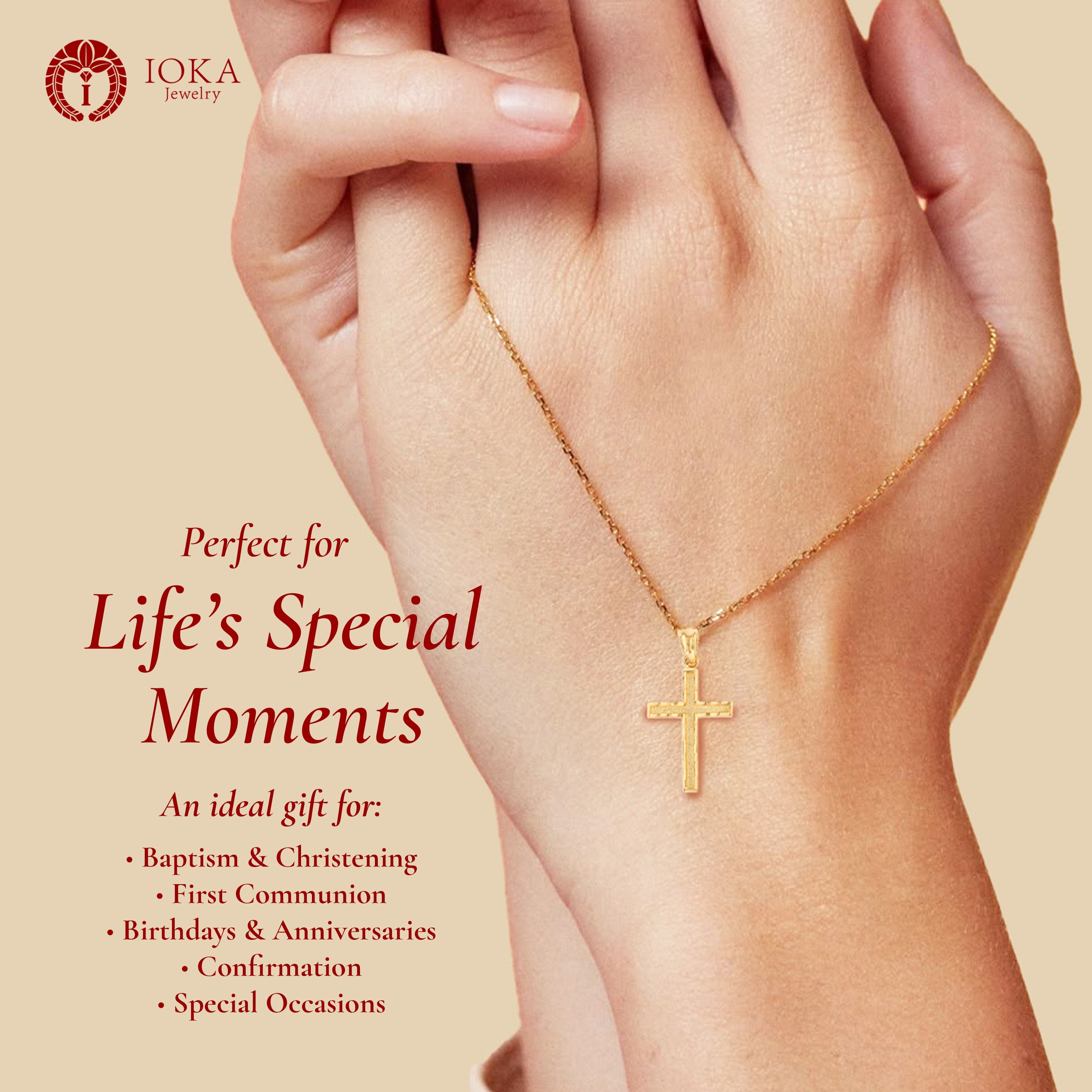 Ioka - 14K Yellow Gold Religious Cross Pendant Charm for Men and Women