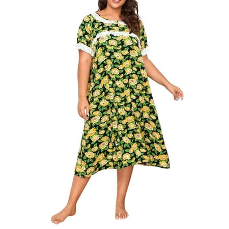 

Lumento Women Plus Size Pajama Sleepdress Floral Print Nightgowns Comfy Dress Loungewear