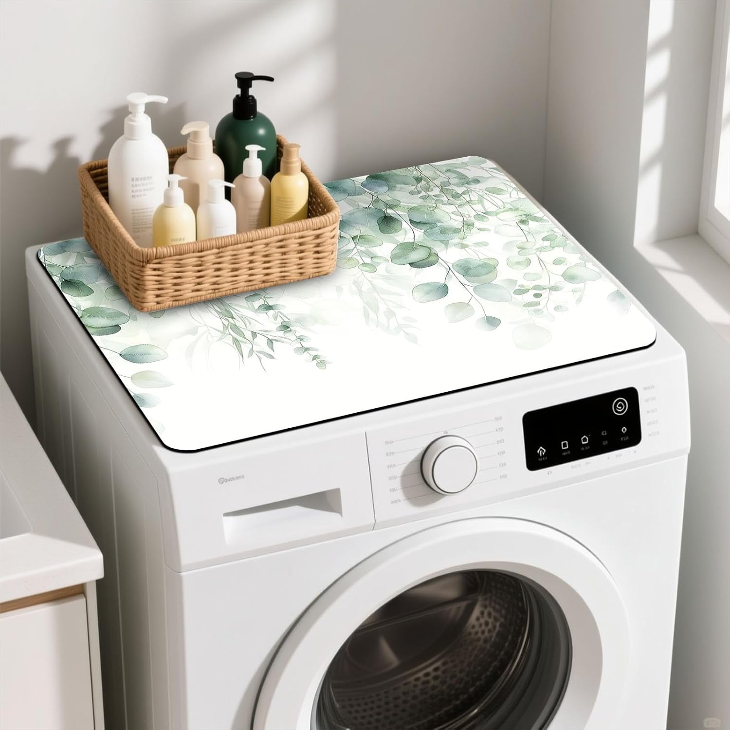Non-Slip Washer & Dryer Top Cover Protector Mat Dust-Proof Washing Machine Cover Pad With Green Leaf Design Universal 23.6"x19.7" for Laundry Room & Kitchen Decor