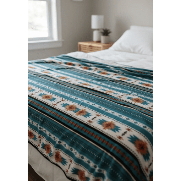 Queen TEAL Southwestern Tribal Aztec Soft Fleece blanket 86"x84"