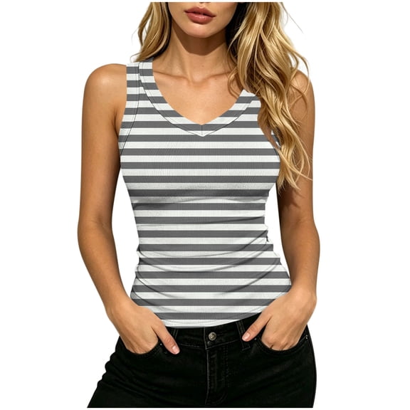 HappyYEE Summer Stripe Tank Tops for Women, Fashion V-Neck Ribbed Sleeveless Tops, Slim Fits Comfy Versatile Camisole Gray XXL