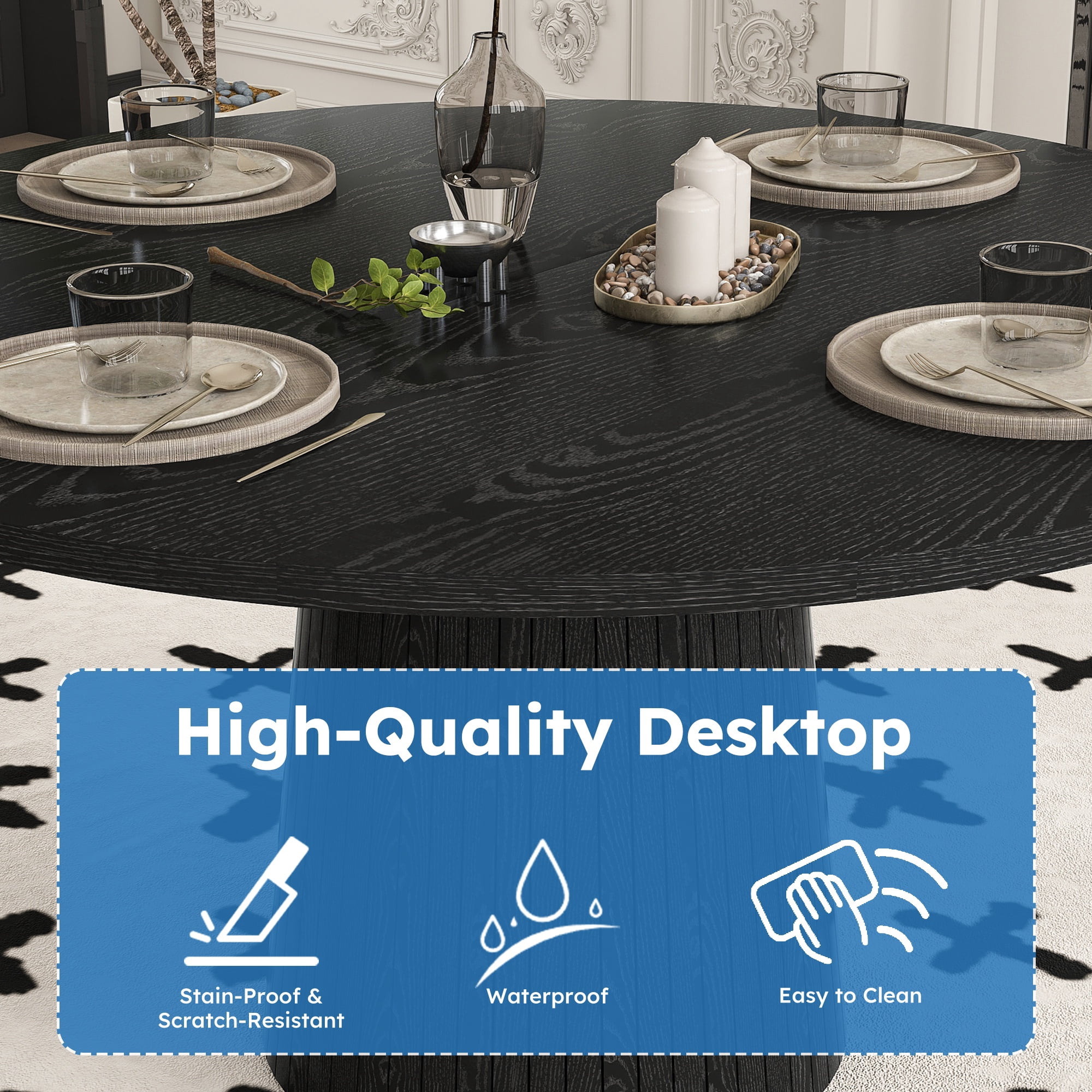 PORKISS 47" Circle Dining Table, Fluted Round Kitchen Table for 4 with 1.18" Thick Wood Tabletop, Modern Farmhouse Dining Room Table with Metal-Reinforced Base for Kitchen, Black
