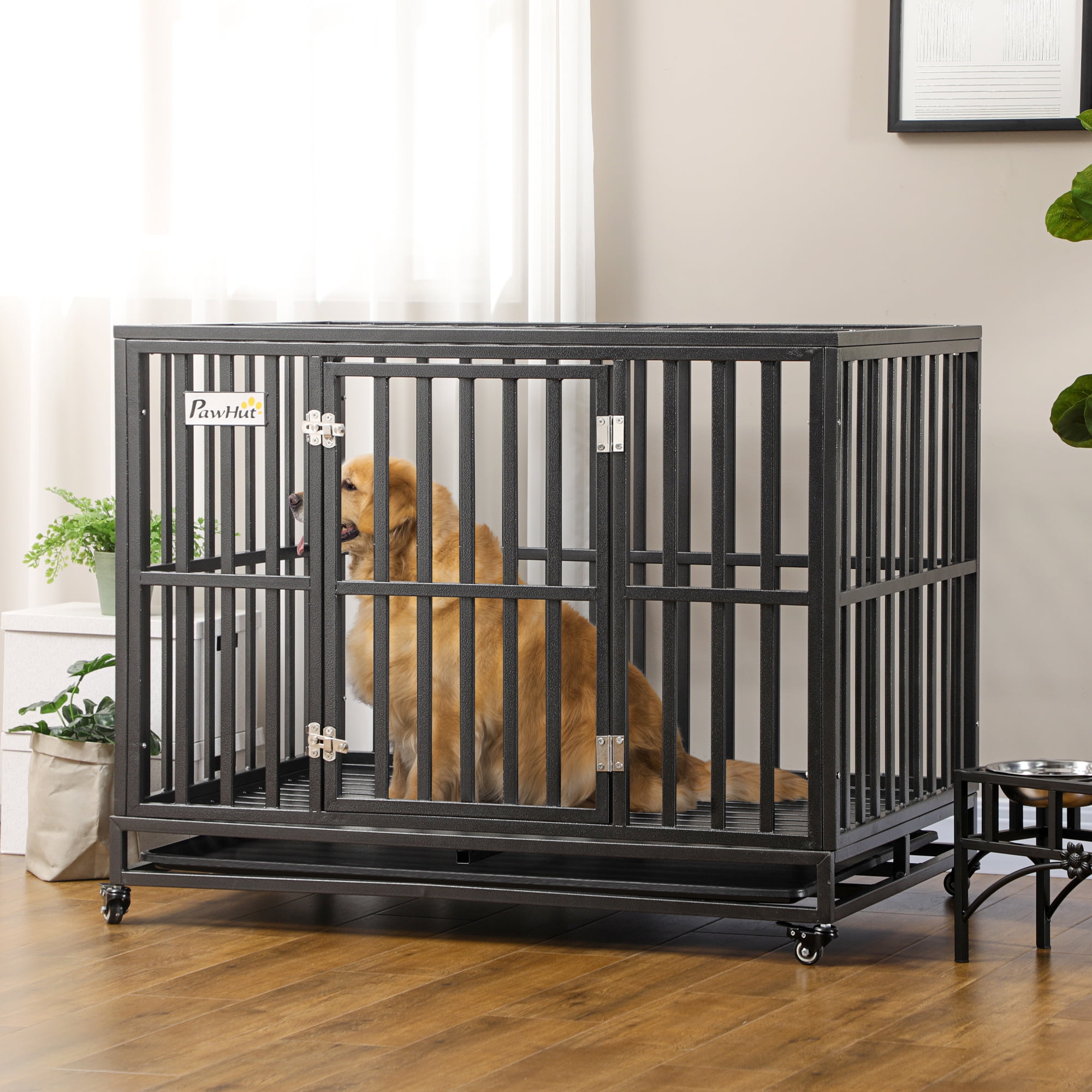 Dog Crate Metal Kennel and Cage Dog Playpen with Lockable Wheels, Slide-out Tray and Anti-Pinching Floor, 45" x 29.5" x 35"