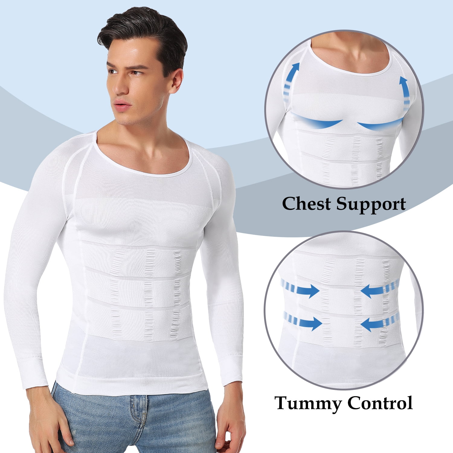 QRIC Mens Slimming Body Shaper Vest Shirt Abs Abdomen Slim Long Sleeves  Tops for Men 