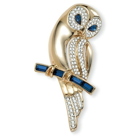 Gold Tone Stick Pin - Simulated Blue Sapphire and Crystal Owl Pin 4 TCW in Yellow Gold Tone