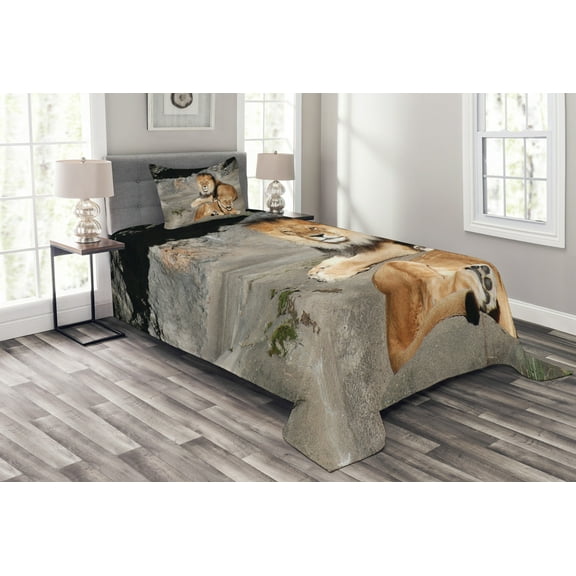 Ambesonne Zoo Quilted Bedspread Set 2 Pcs, Lions Basking in Sun Jungle, Twin Size, Pale Brown Grey Yellow
