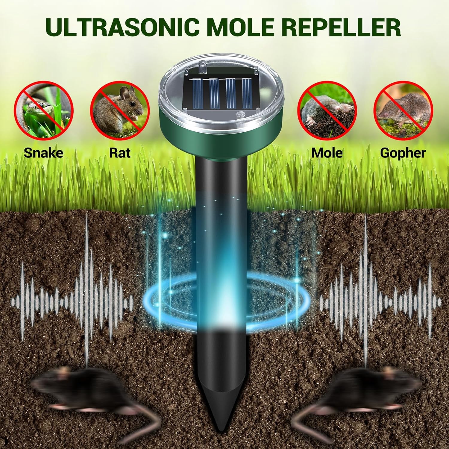 2026 Mole Repellent Solar Powered Stakes, Ultrasonic Outdoor Pest Repeller for Lawns & Gardens, Deer Deterrent, Green – 3 Shapes