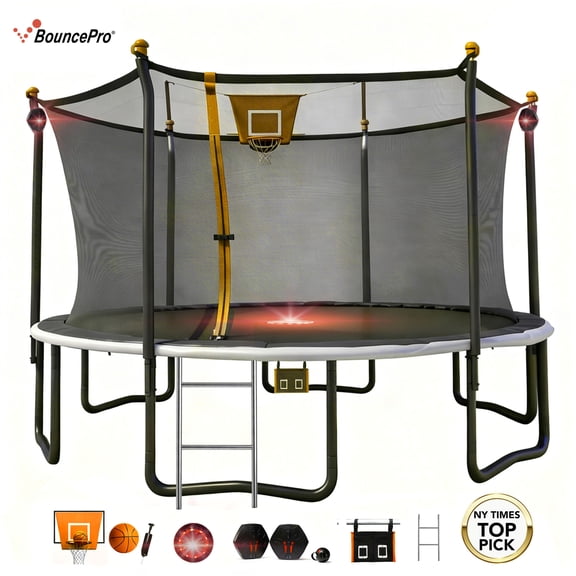 Sportspower Bounce Pro 14ft Multiplay Trampoline Meets ASTM Safety Standards, Heavy-Duty Rust-Resistant Painted Steel Frame, Safety Net, Basketball, Electronic Target Game & Flashing Lights