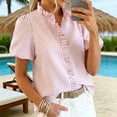 thumbnail image 2 of QASIEATN Ladies' Puff Sleeve Button Up Tops Summer Striped Stand Up Collar Fashionable Casual Loose Short Sleeved T Shirt, 2 of 7