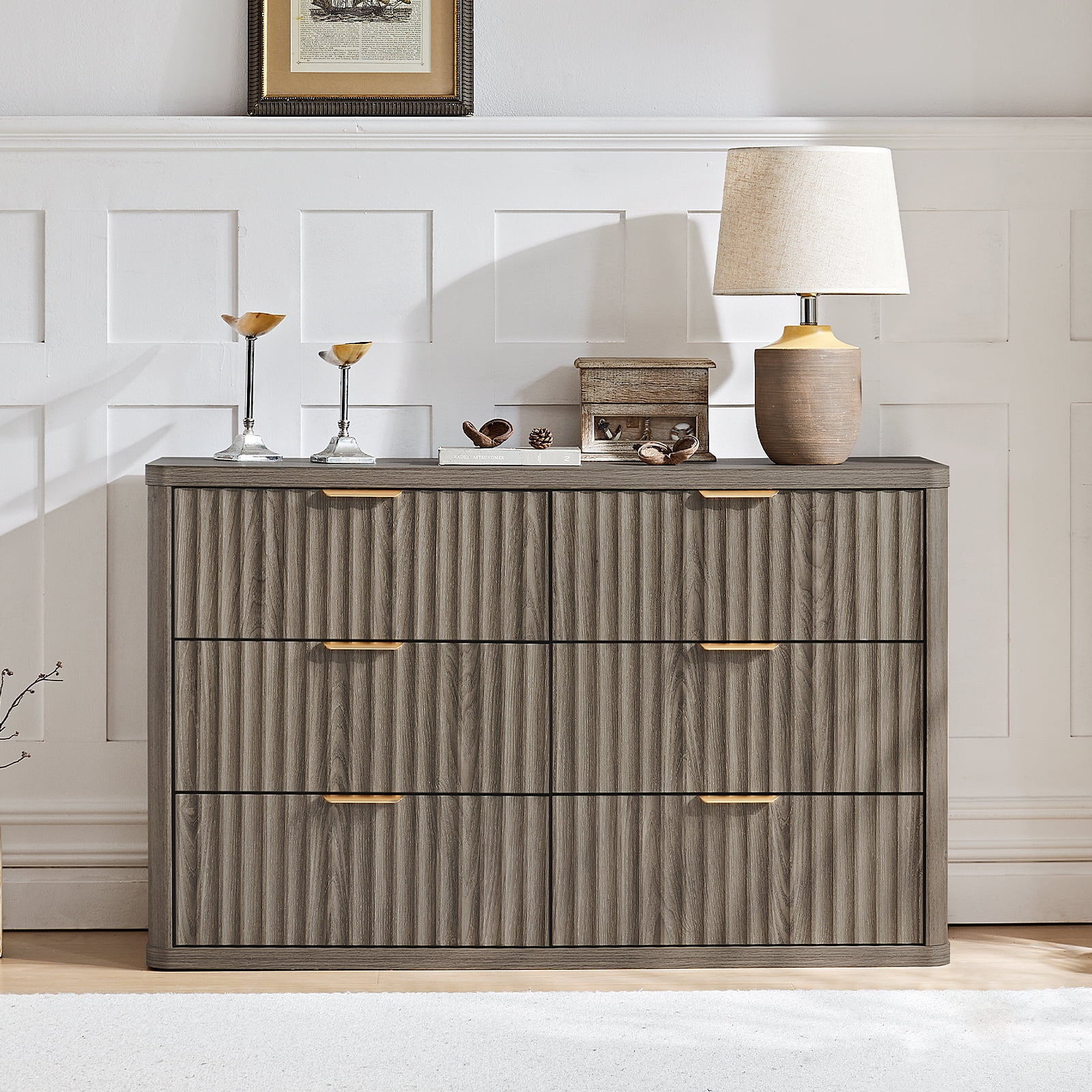 48" Wide 6 Drawer Dresser for Bedroom, Farmhouse Chest of Drawers with Metal Handles, Fluted Wood Storage Cabinet for Living Room, Grey