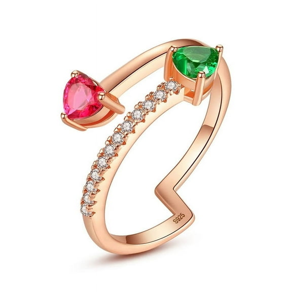 Heart Cut Lab Created Ruby and Emerald, Diamond Bypass Ring in 925 Sterling Silver for Women – Elegant and Unique Jewelry Gift