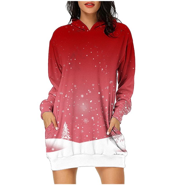 Pisexur Robes de Noël pour Femmes Mode Imprimé Flocon de Neige Sweat à Capuche Robe Décontractée Manches Longues Robes d'Automne Robe de Fête Mini Robe avec Poches