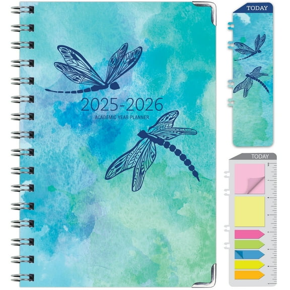 Academic Planner 2025-2026, Daily Weekly Monthly Yearly Planner, June 2025 - July 2026, 14 months, 5.5"x8", Bookmark, Pocket Folder and Sticky Note Set (Dragonflies)