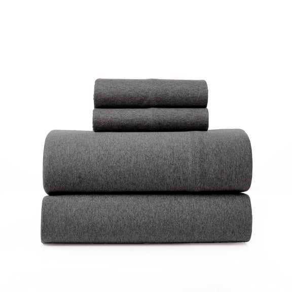 Queen size jersey knit sheets, 4 piece cotton blend bed set, ultra soft breathable sheets for all seasons, dark grey