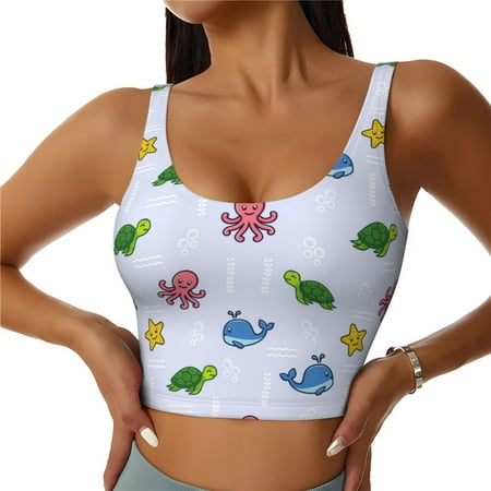 Jgfou Sea Turtle Whale Print Womens Sports Bra - Padded Workout Sports Bras Crop Tank Top