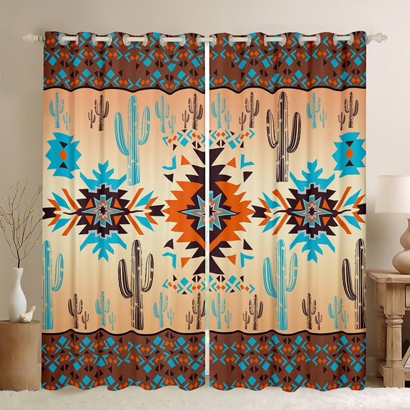 Homewish Western Hippie Aztec Black Out Curtains for Adult, Rustic Bohemian Curtains Pack of 2 (42x63 Each), Wheat Brown Square Triangle Bedroom Curtains, Living Room Curtains Decor