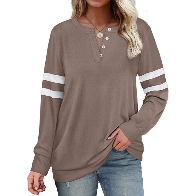 Womens Casual Sweatshirts Color Block Long Sleeve Sweaters Buttons Henley