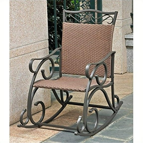 Mid-Century Rocker - Resin Wicker Steel Patio Porch Chair - Antique Brown - Durable & UV Resistant